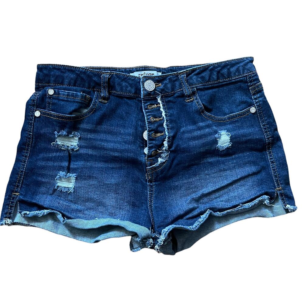 DARK DENIM RIPPED "SHORT" SHORTS W 4 BUTTON  CLOSURE & FRAYED HEM 98% COTTON